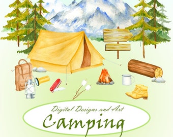 Watercolor camping item clipart, Forest and mountains clipart, nature forest,bonfire, tent, digital illustration, Travel Outdoors, Hiking