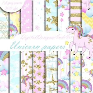 Papel de unicórnio, padrão digital de unicórnio, Papel de scrapbook, Arco-íris e unicórnios, Padrão de unicórnio, Papel de nuvens e estrelas