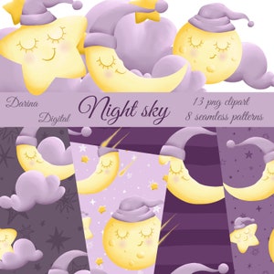 Clipart luna, Clipart notte, Clipart sonno bambino, Illustrazione nuvole, Carta stelle luna, Stampa su richiesta, Design sublimatico, Carta per bambini