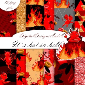 Papel de diablo, patrón de diablo, papel digital de infierno, clipart de fuego, papel de demonio, patrón de infierno, papel de acuarela, diseño de tela