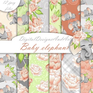 Elephant paper, Elephant pattern, Baby digital paper, Baby pattern, Floral pattern, fabric design, Commercial use, Scrapbook paper