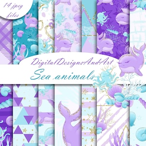 Sea animals digital paper, sea paper, animals pattern, watercolor paper, sticker paper, planner paper, summer pattern