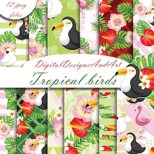 Tropical bird digital paper, tropical paper, bird paper, flower paper, tropical pattern, summer paper, sticker paper, scrapbook paper