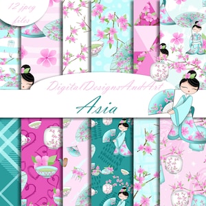Carta giapponese, motivo senza soluzione di continuità, design di tessuto, carta digitale asiatica, carta con fiori di ciliegio, carta per scrapbooking, carta adesiva per planner, commerciale