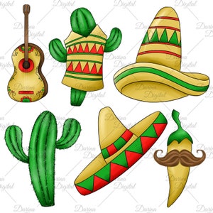 May include: A collection of colorful Mexican-themed illustrations. Includes a guitar, cacti, sombreros, and a chili pepper with a mustache. The designs feature vibrant colors like green, red, yellow, and brown, perfect for Cinco de Mayo or fiesta celebrations.