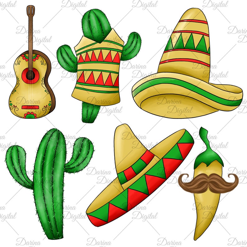 May include: A collection of colorful Mexican-themed illustrations. Includes a guitar, cacti, sombreros, and a chili pepper with a mustache. The designs feature vibrant colors like green, red, yellow, and brown, perfect for Cinco de Mayo or fiesta celebrations.