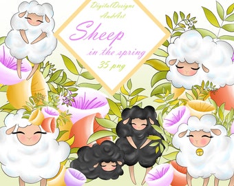 Sheep clipart, black sheep clipart, lamb clipart, spring clipart, spring flowers, Easter clipart, flower clipart, watercolor clipart