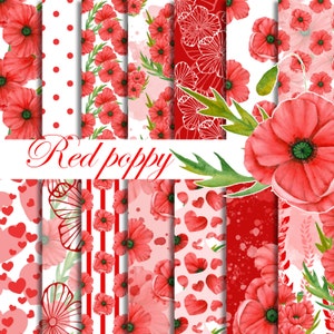 Papier numérique coquelicot, papier floral aquarelle, motifs fleurs rouges, arrière-plan numérique, motifs fleurs printanières sans couture, paquet de papier rouge
