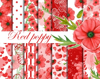 Poppy digital paper, Watercolor floral paper, Red flowers patterns, Digital background, Spring flowers seamless patterns, Red paper pack