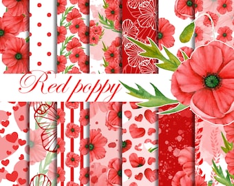 Poppy digital paper, Watercolor floral paper, Red flowers patterns, Digital background, Spring flowers seamless patterns, Red paper pack