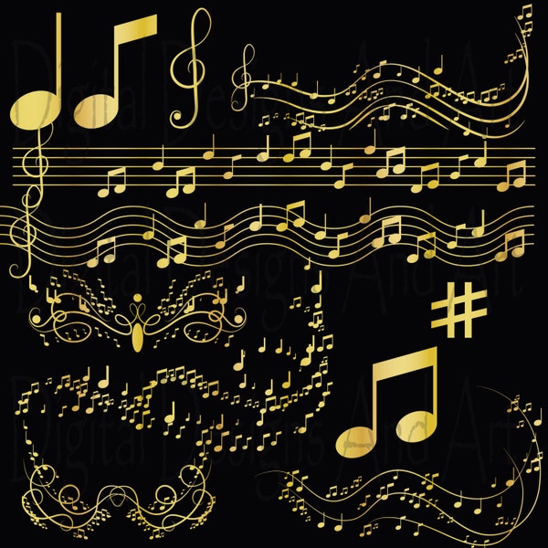 Gold Music clipart, Gold notes clip art, Digital Clipart Musical,Invitation Clipart Design Elements, gold clipart