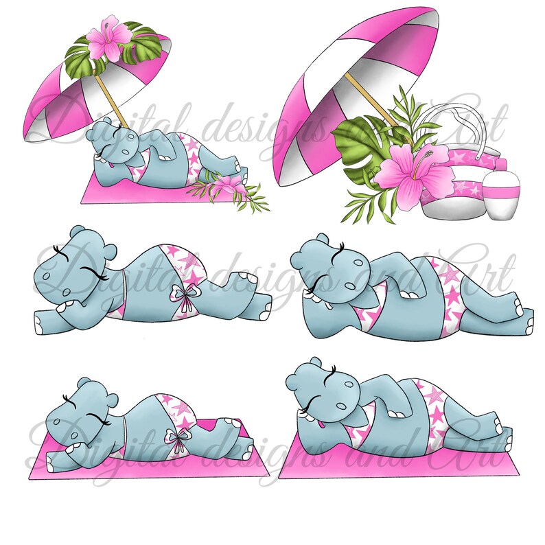 Hippo clipart, Cute hippo, Beach clipart, Funny beach clipart, Watercolor hippo, hippopotamus clipart, Summer clipart, Ball clipart image 4