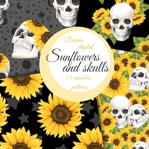 sunflowers paper, sunflowers pattern, skull paper, seamless pattern, digital pattern, commercial use, Print on Demand, Sublimation design