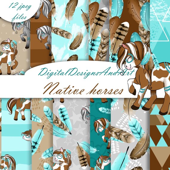 Native horse paper, Native paper, Nursery pattern, Baby pattern, fabric design, Commercial use, Scrapbook paper