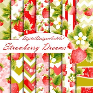 Strawberry digital paper, Digital background, Watercolor paper, Strawberry patterns, Fruit papers, Summer papers, berries pattern