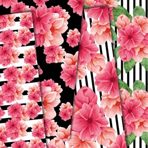 Pink flower digital paper, Pink and black digital paper, Floral seamless patterns, Watercolor flower background, Digital background image 4