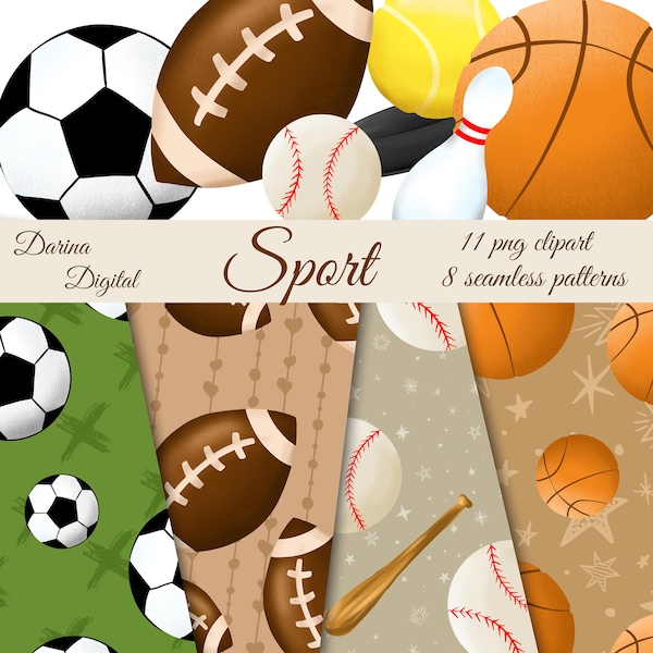 Sport clipart, Sport balls, football, soccer, baseball, sport illustration, commercial use, sport paper, sport pattern, sport illustration