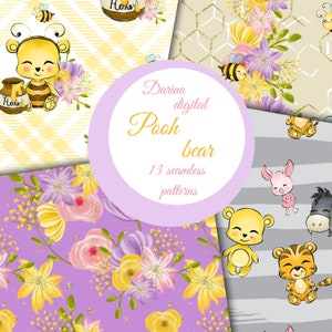 Papel sin costuras de Winnie the Pooh, patrones de osito Winnie the Pooh, papeles de cerditos, patrones de tigres, uso comercial, papel para álbumes de recortes, diseño de telas, papel para agenda