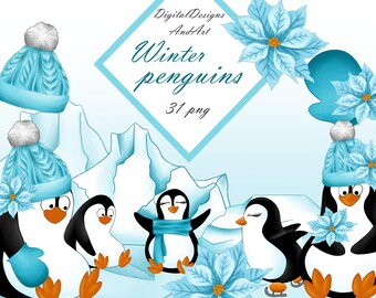 Penguins clipart, penguin illustration, handpainted clipart, Winter clipart, Ice clipart, iceberg clipart, planner clipart, sticker clipart