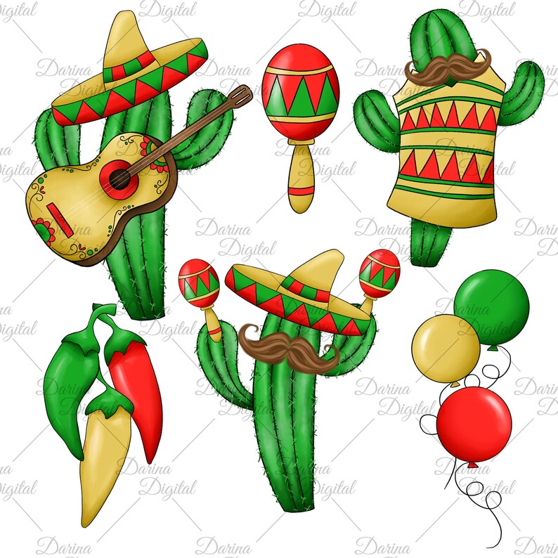 May include: A collection of whimsical illustrations featuring cacti with sombreros and mustaches. One cactus plays a guitar, another holds maracas, and others are adorned with festive attire. Also included are chili peppers and balloons.
