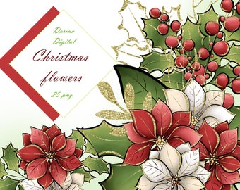 Weihnachtsblumen, Blumen Clipart, Blumen Illustration, Weihnachten Clipart, POD Shops, Sublimationsdesign, kommerzielle Nutzung, Planer Aufkleber