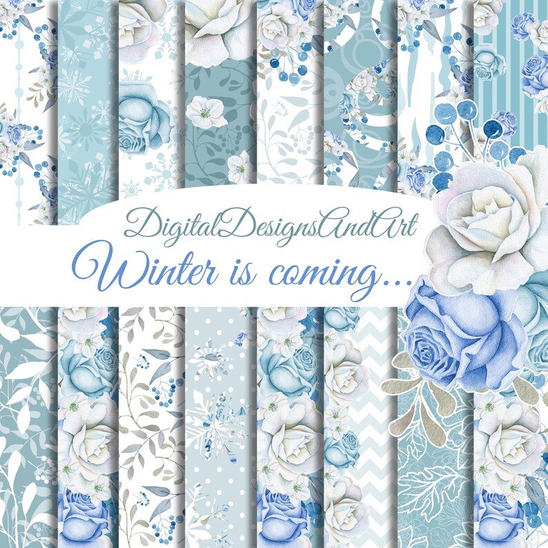 Winter digital paper, Floral seamless paper, Flower patterns, watercolor flower paper, winter flower pattern, digital background, scrapbook image 1