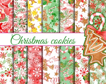 Christmas cookies seamless paper pack, Christmas digital patterns, Watercolor digital papers, hand painted cookies, green red christmas