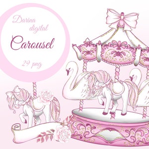 Carrossel clipart, carrossel, ilustração de carnaval, ilustração de cavalo, clipart de cisne, clipart de sublimação, clipart de aquarela