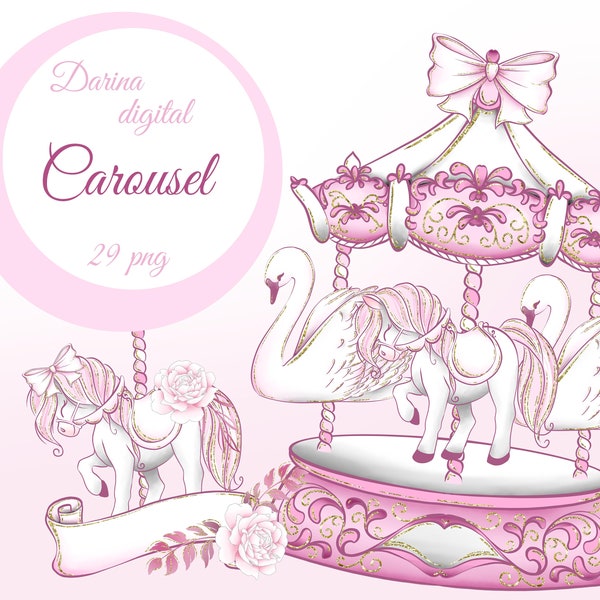 Carousel clipart, merry-go-round, Carnival illustration, horse illustration, swan clipart, sublimation clipart, watercolor clipart