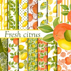 Papier numérique agrumes, paquet de papier citron, fond orange, papier aquarelle fruits, motif agrumes, orange, citrons verts