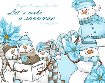 Snowman clipart, winter clipart, snowman illustration, watercolor clipart, commercial use, candy cane clipart, scrapbook, Christmas clipart