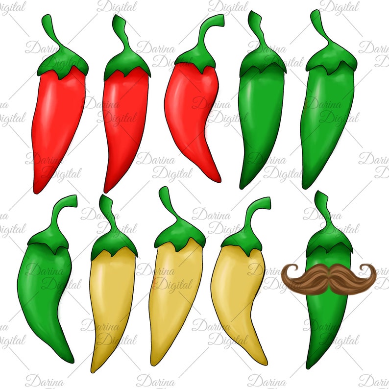 May include: A collection of ten chili peppers in various colors: red, green, and yellow. One green pepper has a brown mustache. Each pepper has a green stem. The peppers are arranged in a slightly curved pattern.