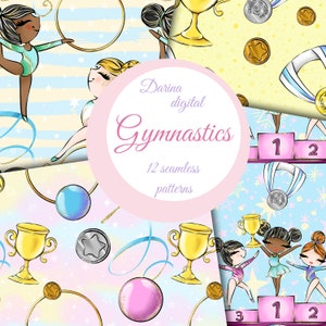 Papeles digitales de gimnasia, patrones de gimnasia, gimnasia rítmica, pelota, cinta, clipart deportivo, deporte femenino, diseño de tela, clipart POD