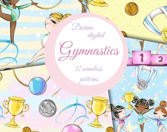 May include: A set of 12 seamless digital patterns featuring cute cartoon gymnasts, ribbons, stars, trophies, medals, and podiums. The patterns are perfect for creating fun and festive projects.