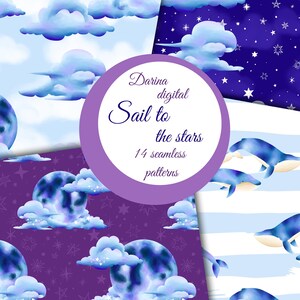 Moon paper, whale pattern, stars paper, night sky paper, clouds paper, seamless paper, fabric design, Commercial use, Scrapbook paper