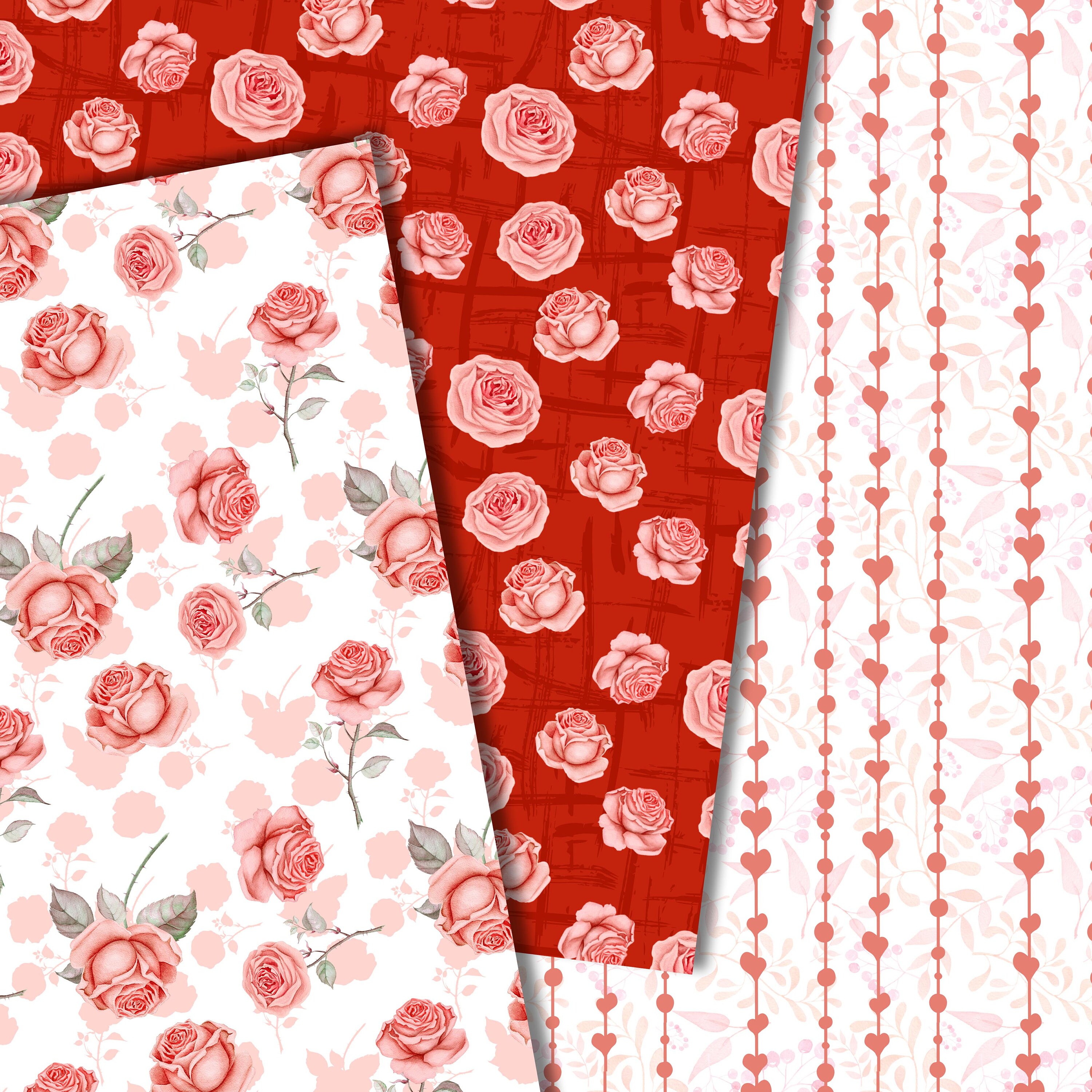 Roses Digital Paper Red Rose Patterns Seamless Paper Floral Etsy