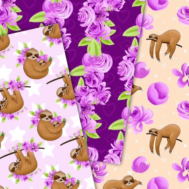 Sloth Digital Paper Sloths Digital Paper, Sloth Pattern, Animal Paper, Watercolor Paper ...