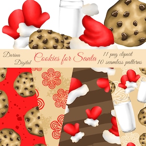 May include: A digital clipart set featuring cookies, milk, Santa hats, and mittens. The set includes 11 PNG clipart images and 10 seamless patterns. The images are in a cartoon style and feature a variety of colors, including red, white, brown, and beige.