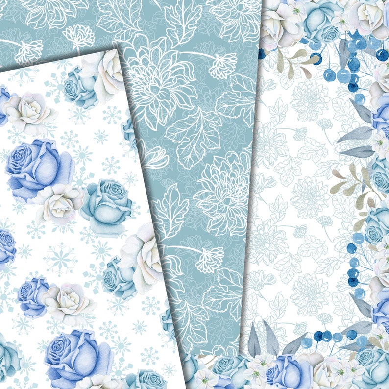 Winter digital paper, Floral seamless paper, Flower patterns, watercolor flower paper, winter flower pattern, digital background, scrapbook image 4