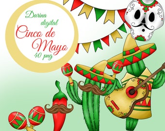 Cinco de Mayo clipart, Mexico clipart, Mexico illustration, Fiesta Clipart, Sombrero Clipart, Cactus, Chili peppers, Watercolor clipart