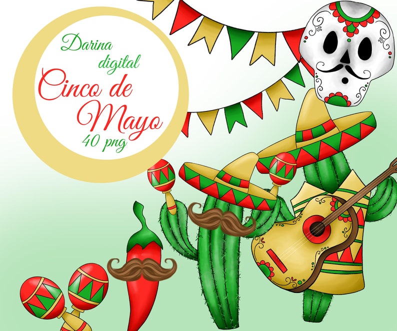 May include: Digital illustration with a Cinco de Mayo theme. Features a cactus playing a guitar, a chili pepper with a mustache, maracas, a skull, and festive banners. The image includes the text "Darina digital Cinco de Mayo 40 png".