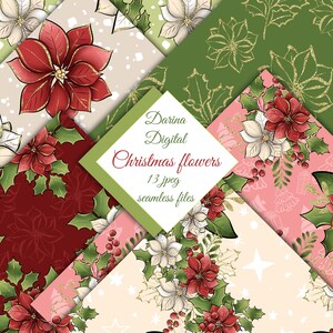 Christmas paper, Christmas pattern, Flower paper, POD Shops, Sublimation design, watercolor paper, seamless paper, commercial use
