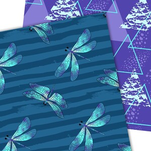 K&ouml;nnte beinhalten: Nahtloses Muster mit blauen und violetten Libellen auf einem blau-wei&szlig; gestreiften Hintergrund.