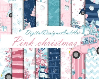 Pink christmas paper pack, seamless paper, Christmas pattern, Christmas presents, xmas paper, xmas tree pattern, scrapbook paper, tree toys