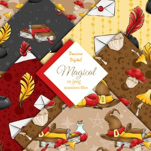 May include: A digital paper pack with 10 seamless patterns featuring whimsical illustrations of witches' hats, mushrooms, books, feathers, and stars. The patterns are in shades of brown, red, yellow, and black.