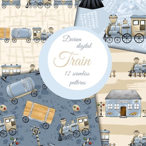 Könnte beinhalten: Ein Set mit 12 digitalen nahtlosen Mustern, die einen blauen Zug mit einem braunen Güterwagen, einen Bahnhof und einen Bahnübergang zeigen. Die Muster sind in einem hellblauen und beigefarbenen Farbschema gestaltet.