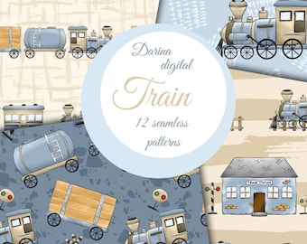 Papier sans couture de train, modèle de train, modèle de garçon, conception de tissu, modèle d'aquarelle, train bleu, usage commercial
