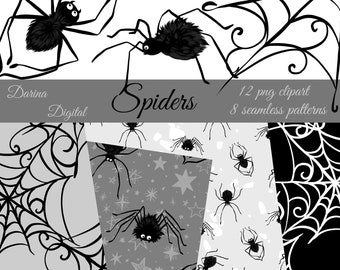 Spinnen Clipart, Halloween Clipart, Spinnenmuster, Spinnenpapier, Web Clipart, Sublimationsgrafiken, POD Shops, kommerzielle Nutzung