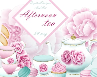 Tea clipart, teapot clipart, Watercolor Tea Party ClipArt, Cake illustration, macaroon clipart, watercolor clipart, teacup, tea illustration