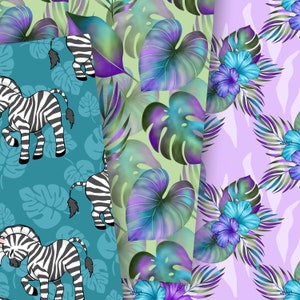 May include: A seamless pattern featuring a teal background with black and white zebras, green and purple tropical leaves, and a light green background with purple and blue tropical leaves.